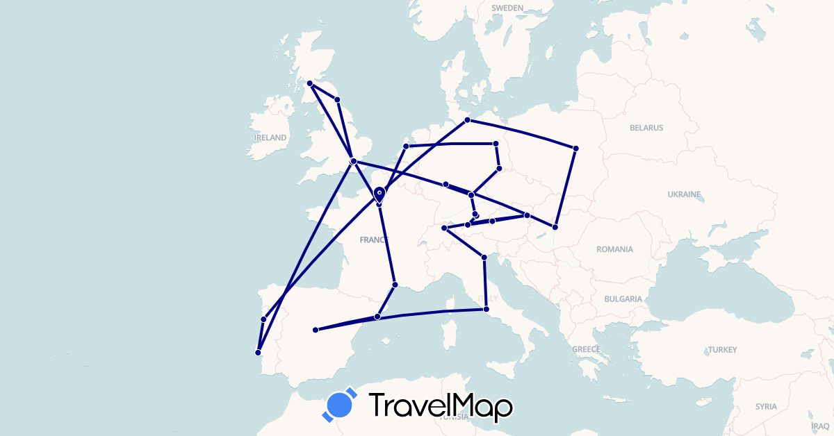 TravelMap itinerary: driving in Austria, Switzerland, Germany, Spain, France, United Kingdom, Hungary, Italy, Netherlands, Poland, Portugal (Europe)